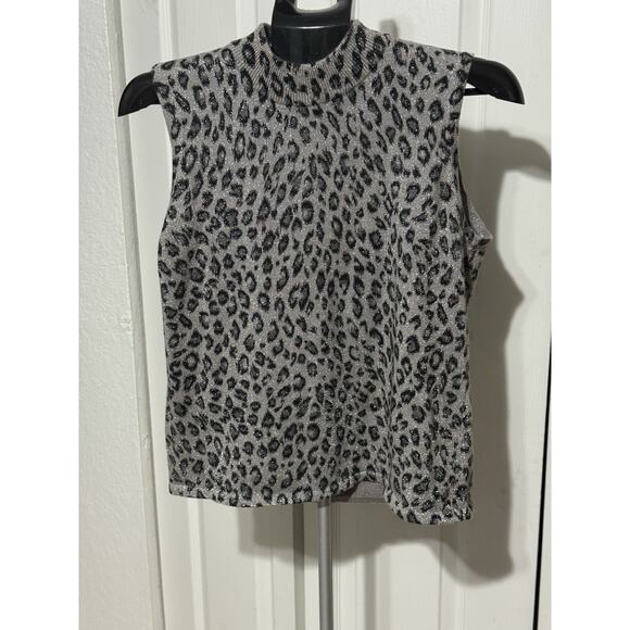 Kathie Lee Gray Black Leopard Metallic Sleeveless Sweater Tank Top Size Large - Picture 1 of 4